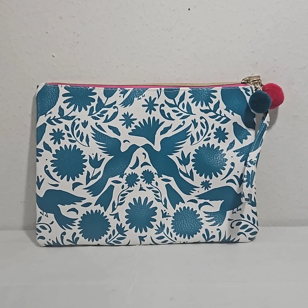 hola beaches gold glitter lettering over birds & floral print large wristlet
